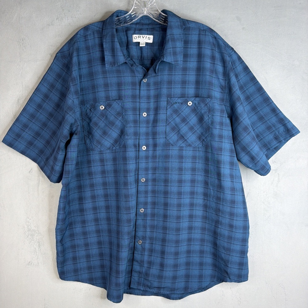 Orvis Men's XXL Blue Plaid Short Sleeve Button Up Shirt Polyester